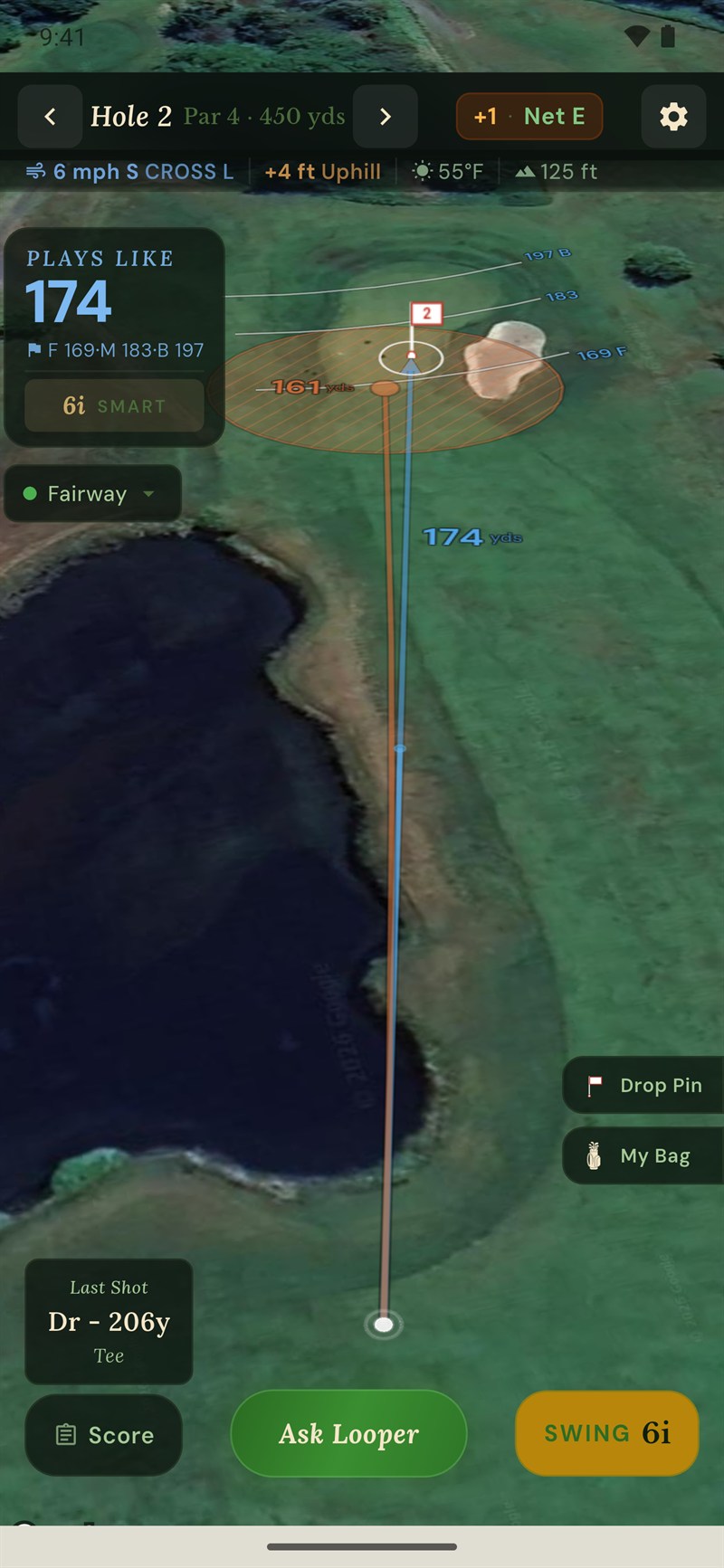 Looper on-course GPS with club recommendation, shot-shape ellipse and wind