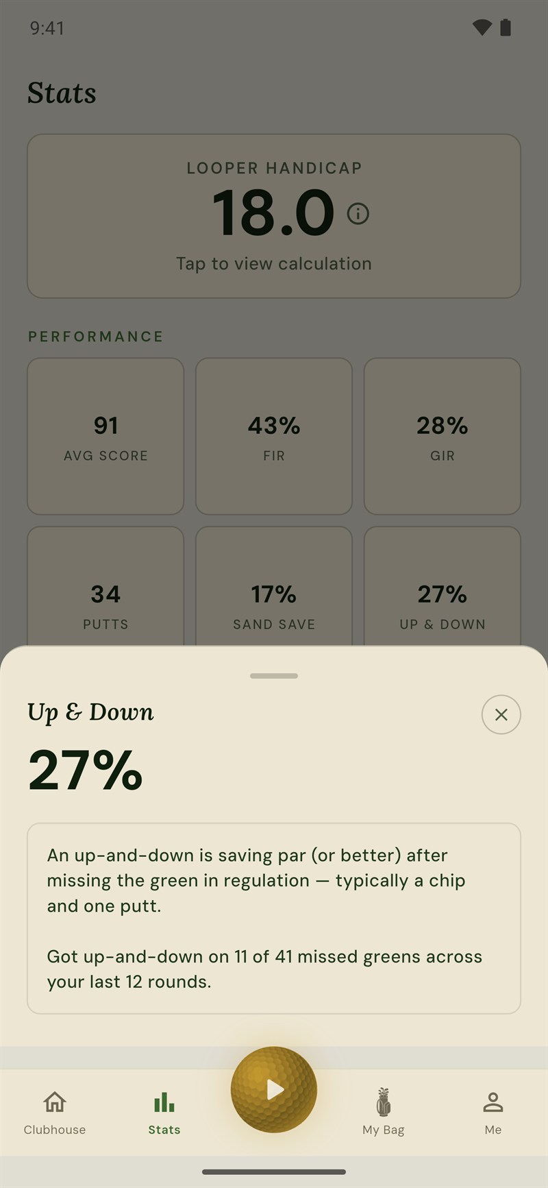 Looper stats screen with handicap and up-and-down detail